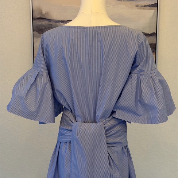 100% cotton Blue White Striped Midi Dress with Flare Sleeves - Picture 13 of 16